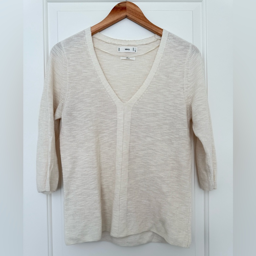 Mango Linen Blend V-Neck Sweater Cream Knit Top 3/4 Sleeve Casual Minimalist S